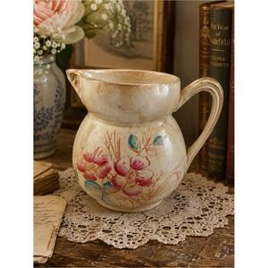 Antique Steubenville SP Co Ironstone Pitcher Pink Rose Transferware 6.5"